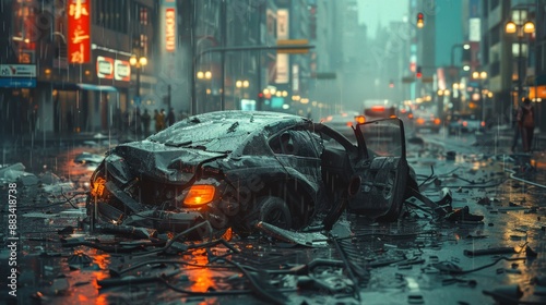 Destroyed car in a rainy city street - generative ai photo