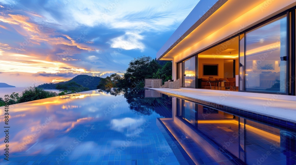 Fototapeta premium Luxury villa exterior with an infinity pool reflecting the evening sky.