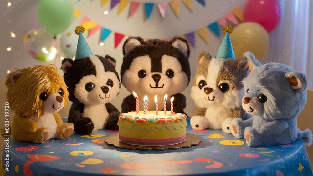 Plush Animals Celebrating a Birthday with a Cake Plush Animals Celebrating a Birthday with a Cake