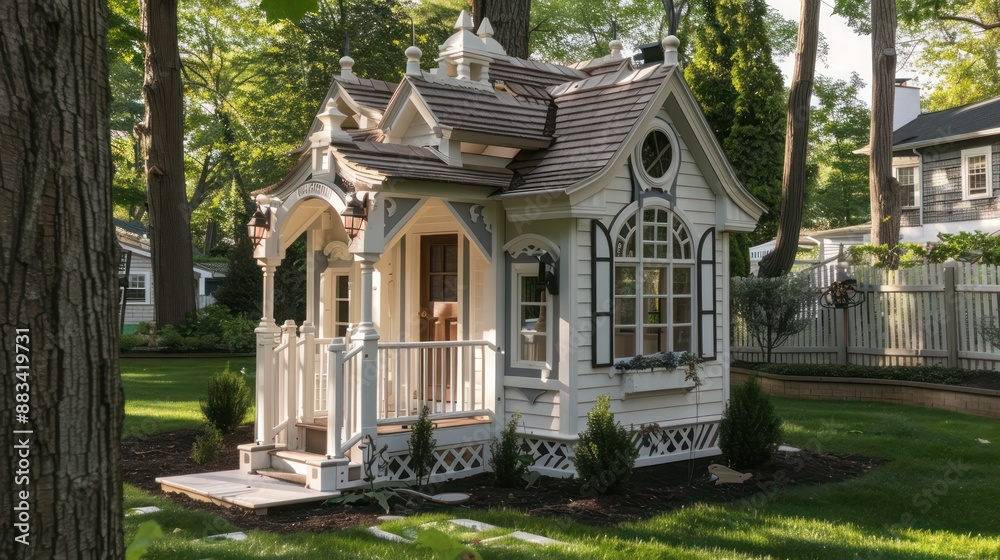 The custom-designed children's playhouse in the backyard of a Suburban Colonial home, modeled after the main house with similar architectural details The custom-designed children's playhouse in the backyard of a Suburban Colonial home, modeled after the main house with similar architectural details