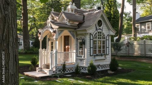 The custom-designed children's playhouse in the backyard of a Suburban Colonial home, modeled after the main house with similar architectural details