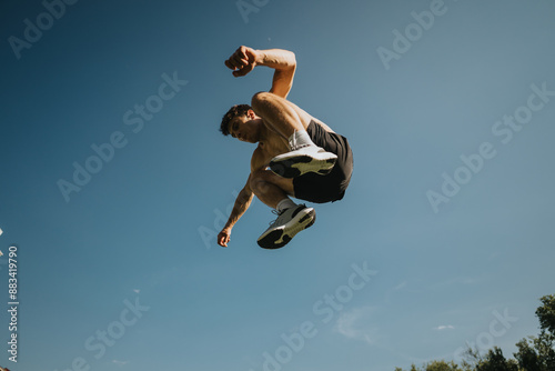 An athletic man is captured mid-jump against a clear blue sky. The image conveys energy, fitness, and freedom.