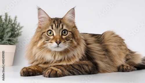A long haired tabby cat with green eyes stares intently at the camera