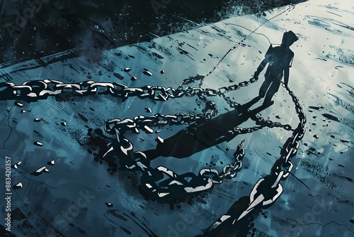 Concept illustration of human trafficking. Broken chains lying on the ground with a shadow of a person walking away, symbolizing escape and freedom