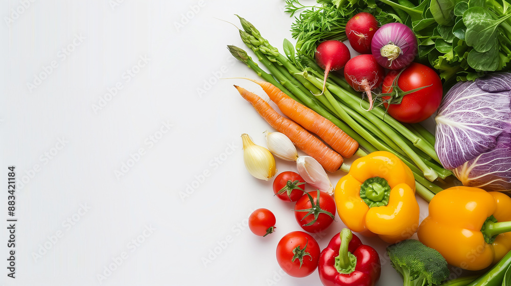 Fresh vegetables arranged in a border on a white background, showcasing a variety of vibrant colors. Perfect for healthy eating, cooking, and nutrition themes.