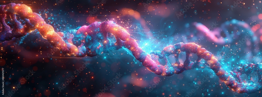 Glowing DNA strand showcased with stunning bokeh light effects and high detail, suitable for science visuals. Glowing DNA strand showcased with stunning bokeh light effects and high detail, suitable for science visuals.