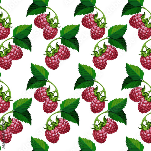 Bright raspberry in a pattern.Vector seamless pattern with raspberries and leaves on a transparent background.