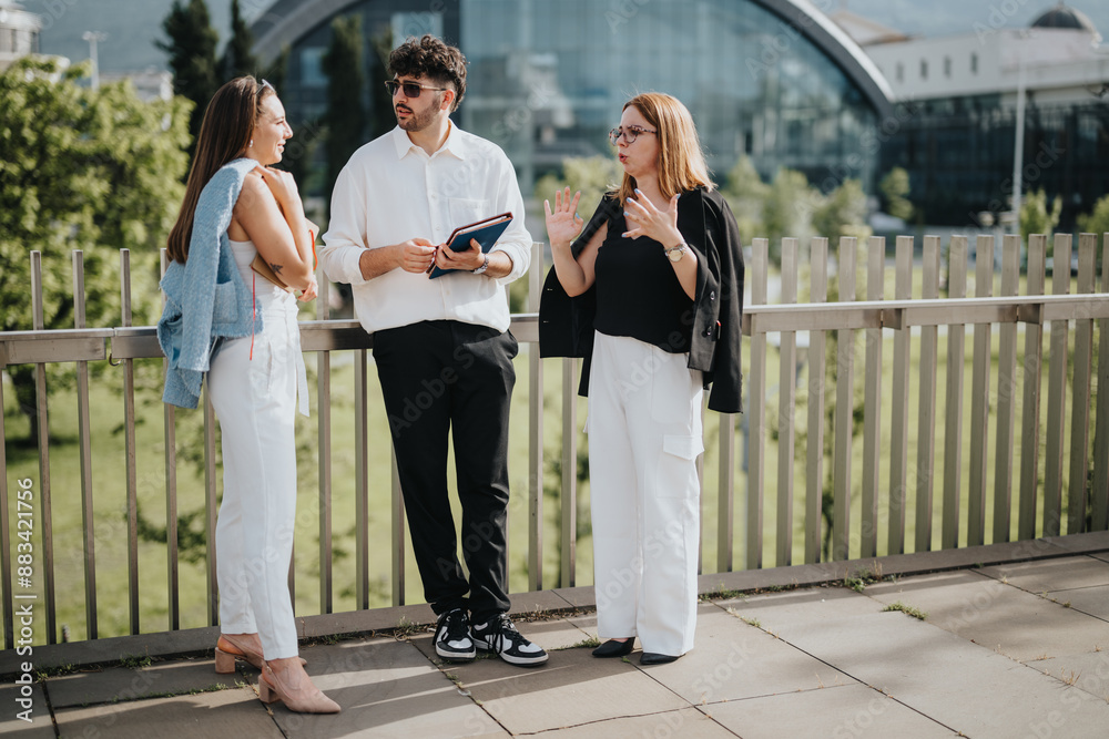 Fototapeta premium Business associates are brainstorming and discussing a project in an outdoor urban setting, highlighting teamwork and modern business practices.