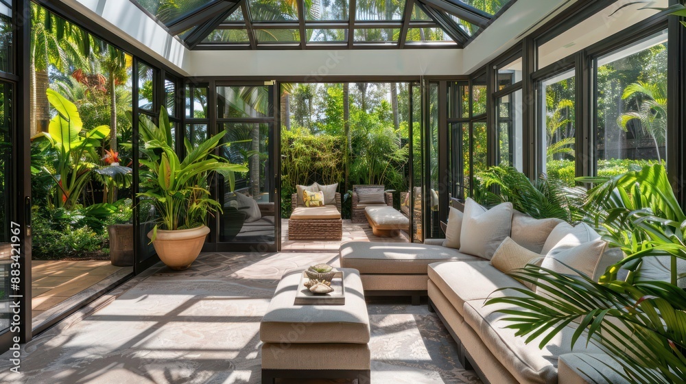 Fototapeta premium Suburban Contemporary sunroom with retractable glass walls, comfortable seating, and a tropical plant collection