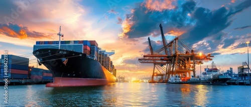 Cargo Ship Arriving at Port at Sunset