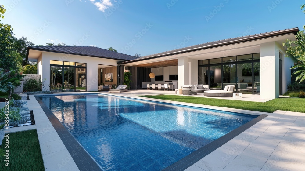 Fototapeta premium Modern home with a spacious backyard featuring a luxurious swimming pool and lush landscaping.
