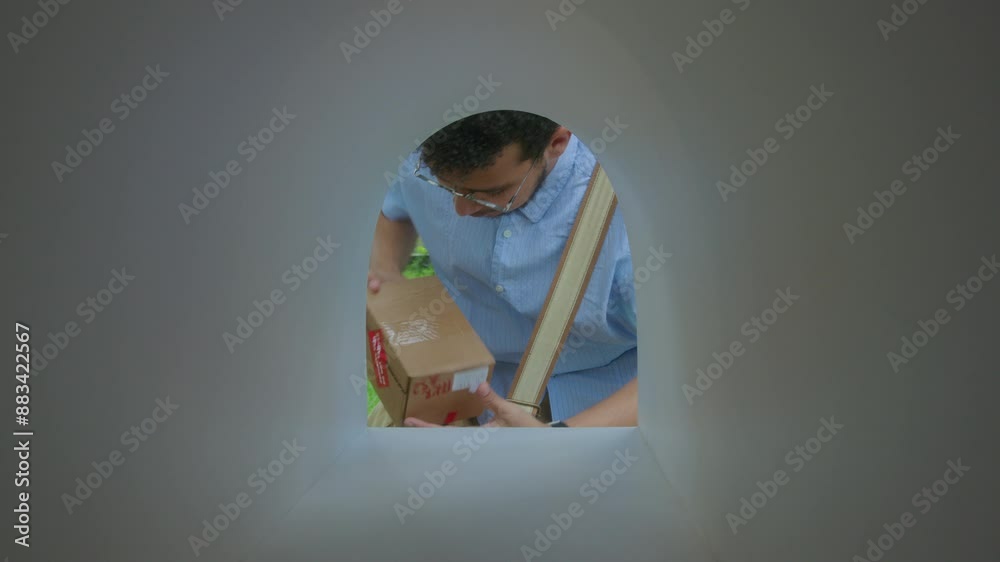 Young male courier placing two parcels packed in cardboard boxes into mailbox of recipient. View from inside of mailbox Young male courier placing two parcels packed in cardboard boxes into mailbox of recipient. View from inside of mailbox
