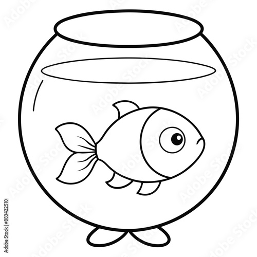 cute cartoon goldfish in a fish bowl on white transparent background, coloring page for kids