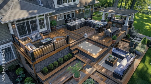 The expansive, multilevel deck of a Suburban Colonial home, featuring various seating areas, an outdoor kitchen, and integrated planters for privacy and greenery