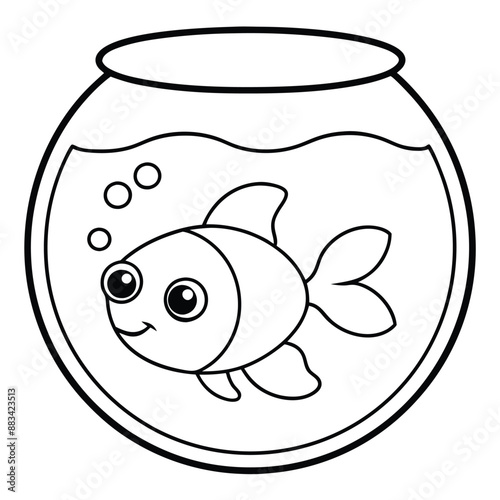 cute cartoon goldfish in a fish bowl on white transparent background, coloring page for kids