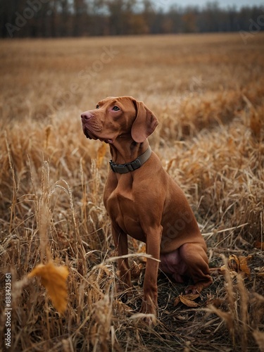 Autumn scene with Hungarian Vizsla dog in fiel