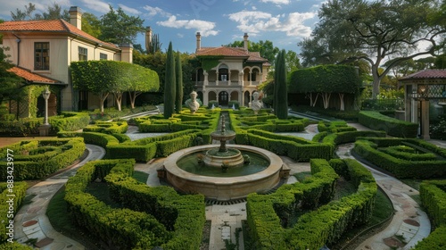 The formal Italianate garden of a Suburban Victorian home, featuring symmetrical designs, sculpted hedges, and a central fountain