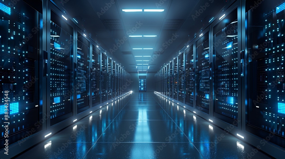 Futuristic data center with blue lights and server racks - generative ai Futuristic data center with blue lights and server racks - generative ai