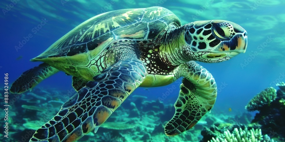 Fototapeta premium Spectacular Underwater Close-Up of a Sea Turtle Swimming Over Vibrant Coral Reefs in Crystal-Clear Blue Ocean Waters
