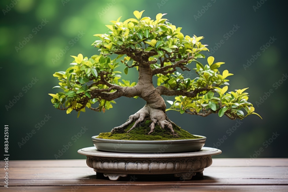 Serene Bonsai Tree in Elegant Pot on Minimalistic Background Serene Bonsai Tree in Elegant Pot on Minimalistic Background