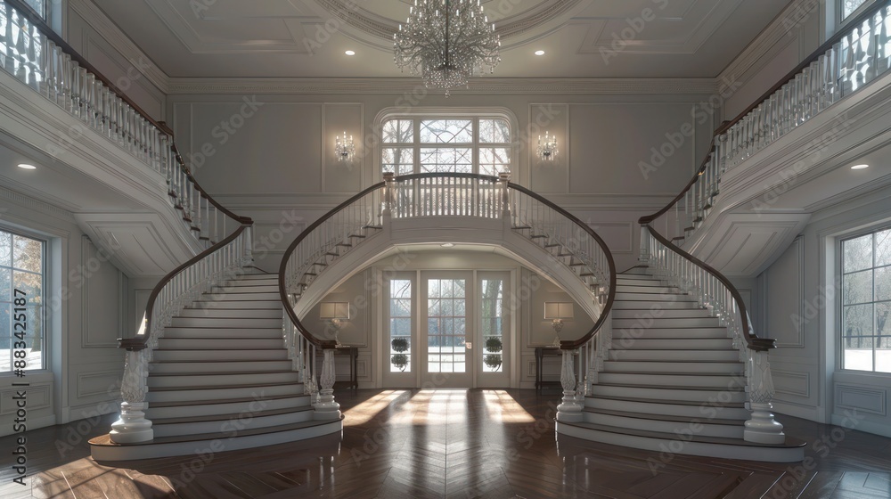 Fototapeta premium The grand entryway of a Suburban Colonial home, featuring a double staircase and a crystal chandelier