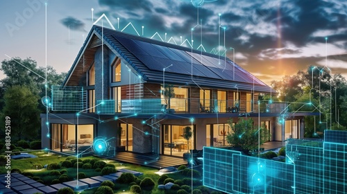 Modern smart home with solar panels and futuristic digital interfaces, symbolizing advanced technology, energy efficiency, and intelligent living.