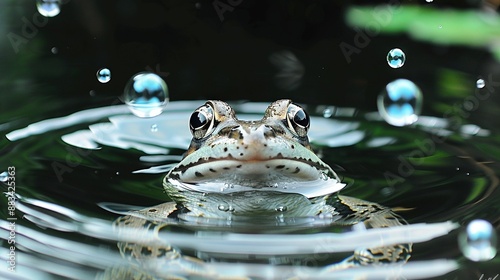   A macro shot of a frog's visage submerged in water, adorned with droplets