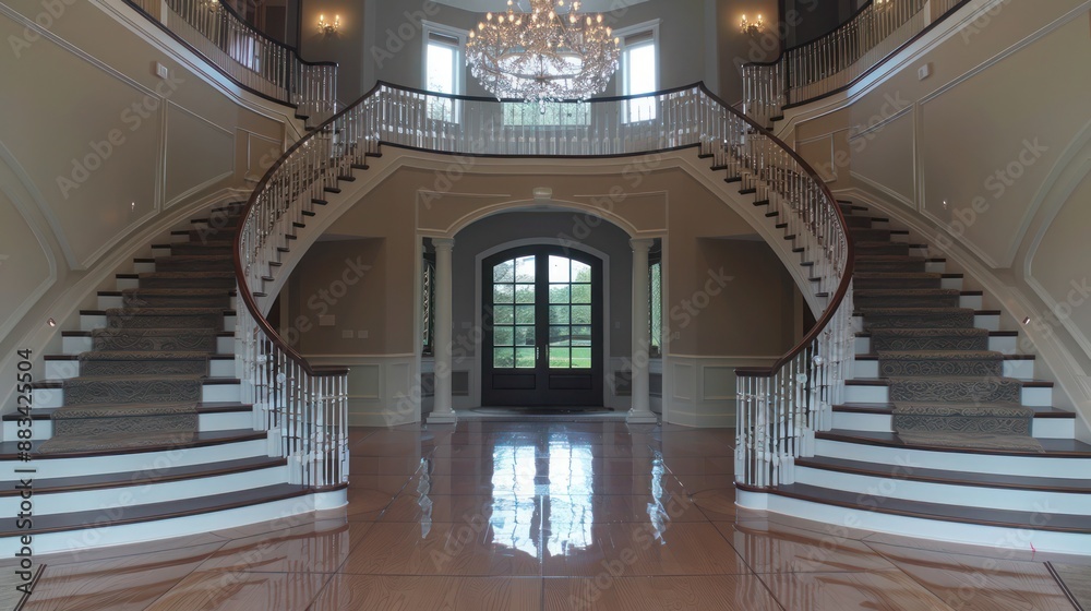 Fototapeta premium The grand entryway of a Suburban Colonial home, featuring a double staircase and a crystal chandelier