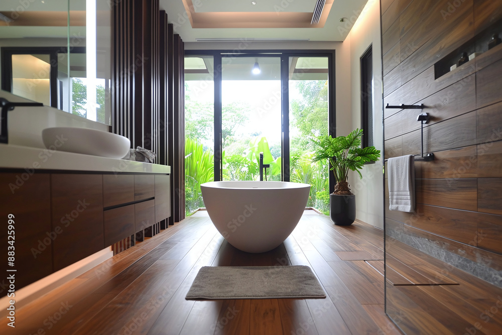 Fototapeta premium Modern bathroom interior with toilet and bath, minimalistic and stylish bathroom in brown with wooden decorative elements, close to big window