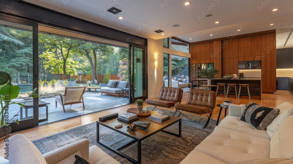 Suburban Mid-Century Modern living room with a retractable wall, blending indoor and outdoor spaces Suburban Mid-Century Modern living room with a retractable wall, blending indoor and outdoor spaces