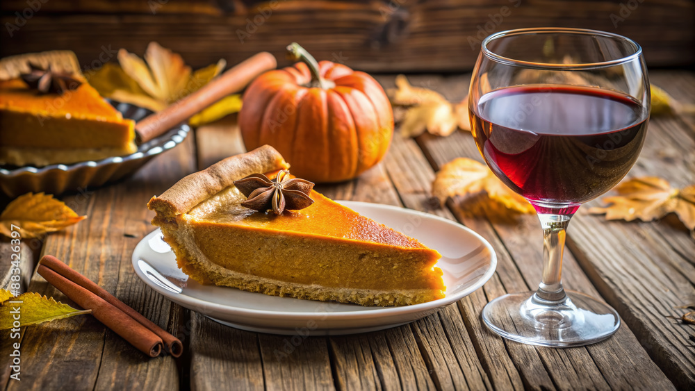 Piece of pumpkin pie revealing a rich golden spiced filling is elegantly served on a rustic wooden table with wine Piece of pumpkin pie revealing a rich golden spiced filling is elegantly served on a rustic wooden table with wine