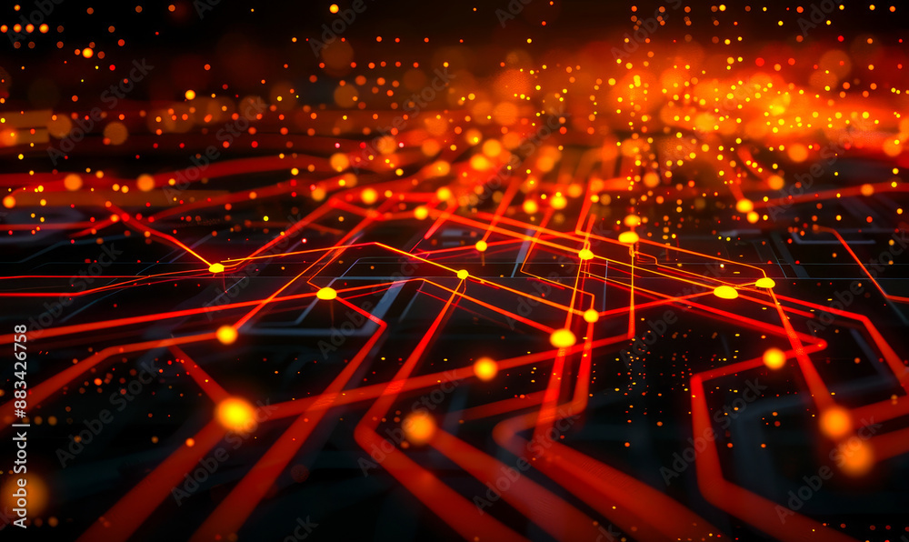 Fototapeta premium Futuristic High-Tech Grid with Neon Orange and Yellow Lines Representing Connectivity and Advanced Technology Concepts at Night