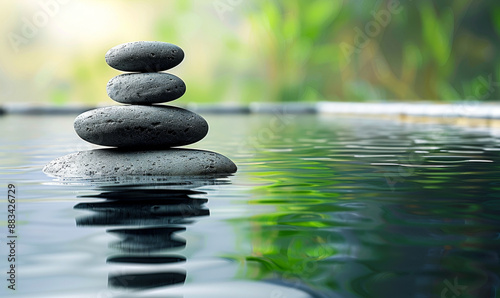 Zen Balanced Spa Stones Reflection in Tranquil Water Setting with Green Background for Relaxation and Meditation photo