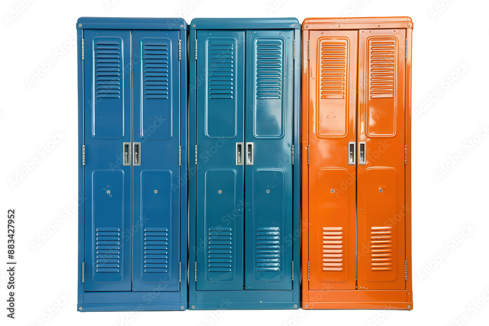 Three metal lockers in blue and orange with slatted doors. Three metal lockers in blue and orange with slatted doors.