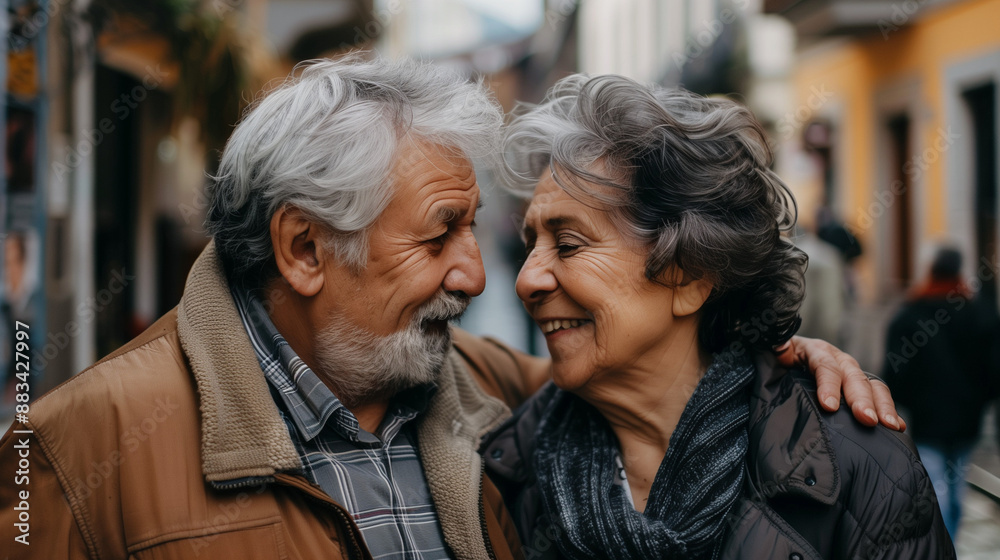 A sweet scene of a retired couple, perhaps husband and wife, sharing a kiss on a street filled with love and happiness A sweet scene of a retired couple, perhaps husband and wife, sharing a kiss on a street filled with love and happiness