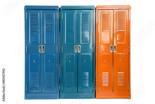 Three metal lockers in blue and orange with slatted doors.