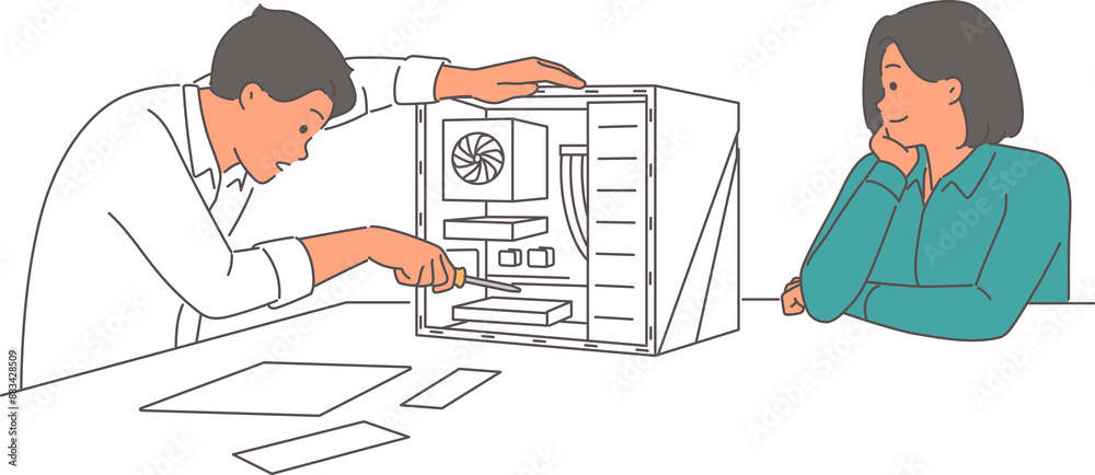 Man master is repairing computer system unit to restore operation ...