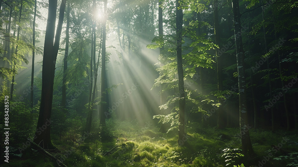 Obraz premium A lush green forest with sunlight streaming through the trees