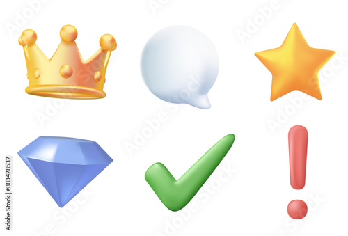 3D icons set, crown, brilliant, speaking bubble, exclamation shape set. 3D checkmark, star, highlight, speech bubble photo