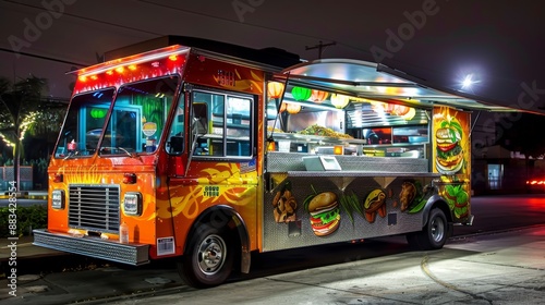 Food truck on the street selling food and drinks, mobile kitchen in truck