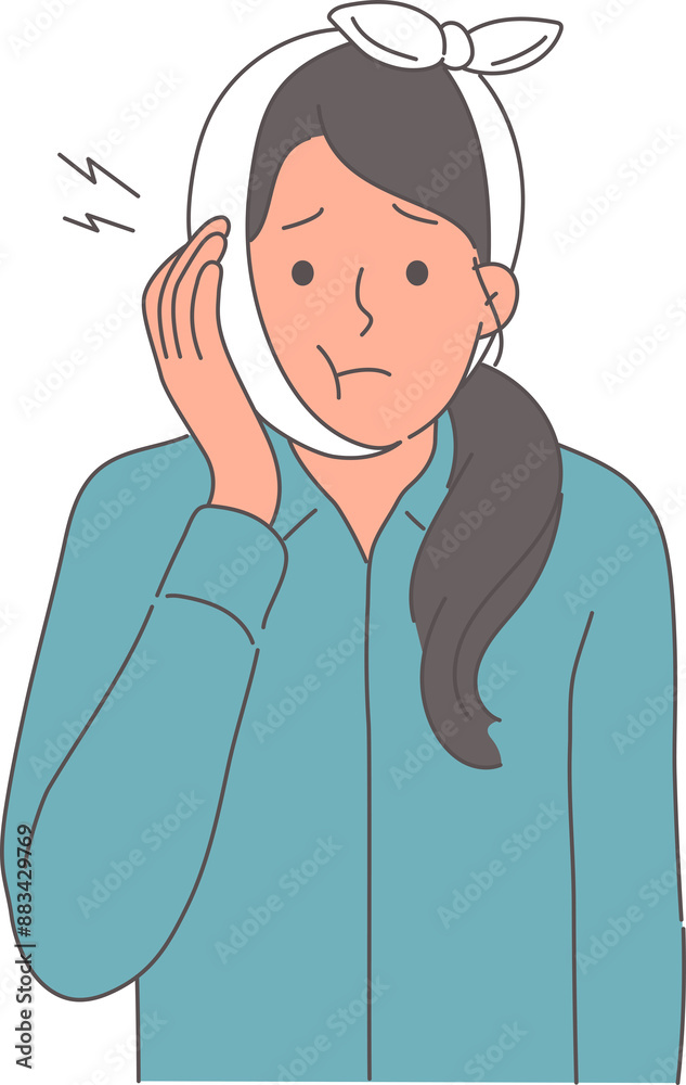 Woman with bad tooth and bandage on head needs to go to dentist or take painkillers. Caries and stomatitis caused swelling in girl who violated rules of oral hygiene or did not want to go to dentist
