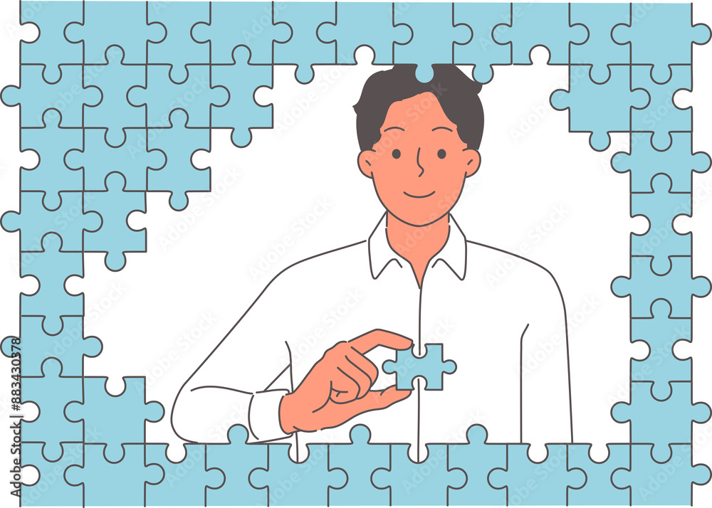 Diligent business man puts together puzzle, demonstrating mind and intelligence required to solve complex problem. Business guy working in large corporation gradually solves task step by step Diligent business man puts together puzzle, demonstrating mind and intelligence required to solve complex problem. Business guy working in large corporation gradually solves task step by step
