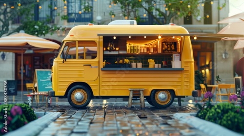 Food truck on the street selling food and drinks, mobile kitchen in truck