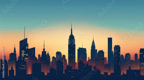 A city skyline at sunset with the building in the foreground. The sky is a deep blue with a few clouds