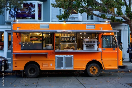 Food truck on the street selling food and drinks, mobile kitchen in truck