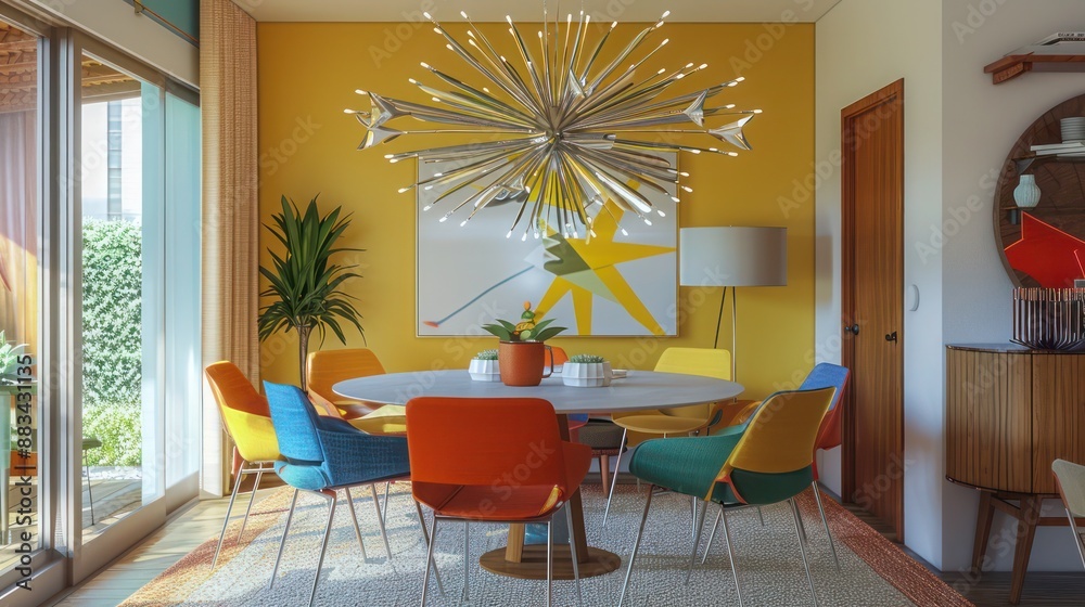Obraz premium Suburban Mid-Century Modern dining area with a statement light fixture, a round table, and vibrant chairs