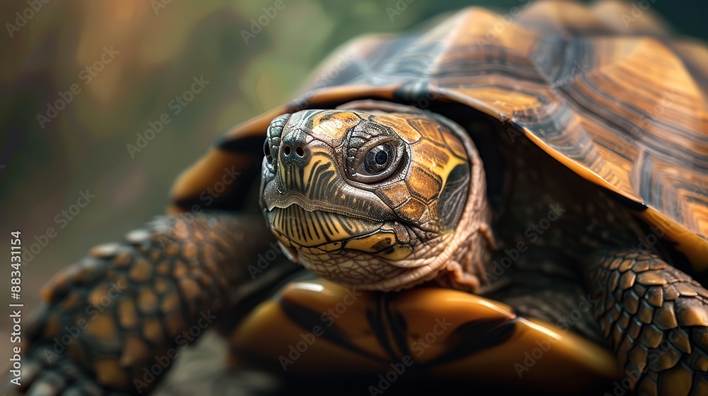 A turtle is shown in a close up. The turtle is brown and orange with a black head A turtle is shown in a close up. The turtle is brown and orange with a black head