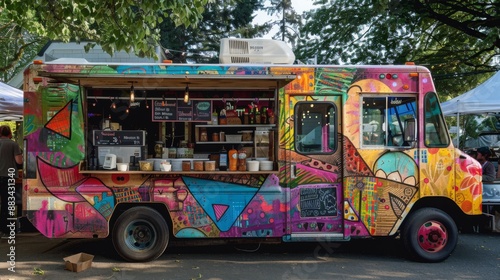 Food truck on the street selling food and drinks, mobile kitchen in truck