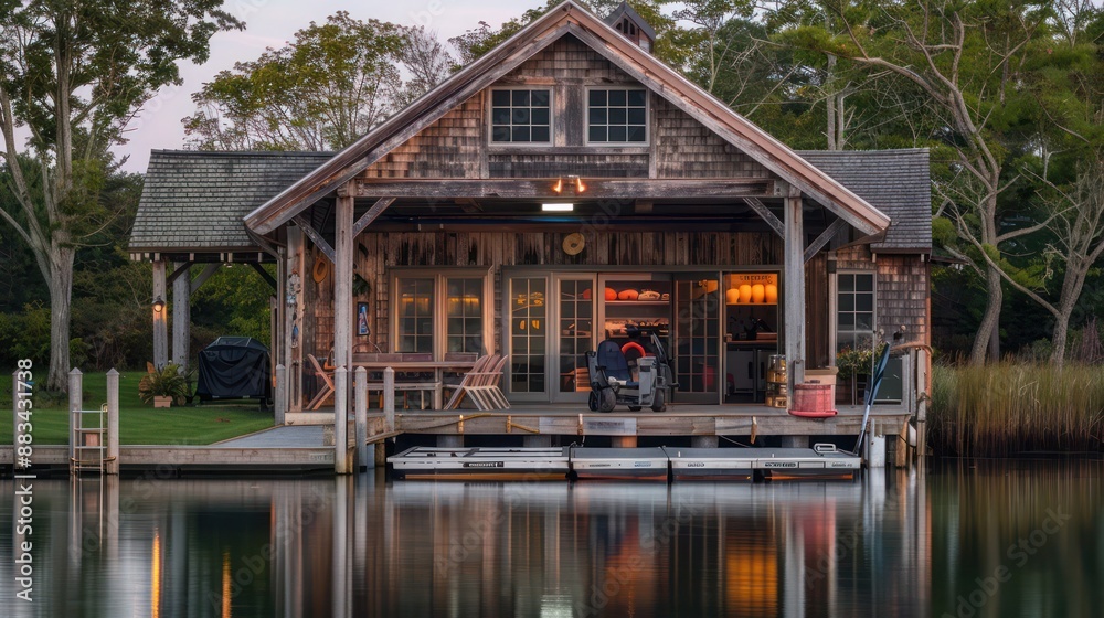 The lakeside boathouse of a Suburban Cape Cod home, styled in a rustic, coastal theme and used for lakeside gatherings and storage for water sports equipment The lakeside boathouse of a Suburban Cape Cod home, styled in a rustic, coastal theme and used for lakeside gatherings and storage for water sports equipment
