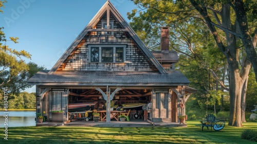 The lakeside boathouse of a Suburban Cape Cod home, styled in a rustic, coastal theme and used for lakeside gatherings and storage for water sports equipment photo